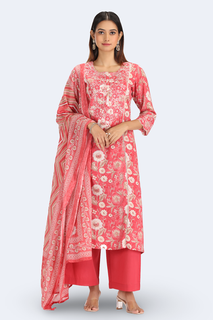 Coral Pink Jaipuri Cotton Embroidered Straight Kurta Pant and Dupatta Suit Set