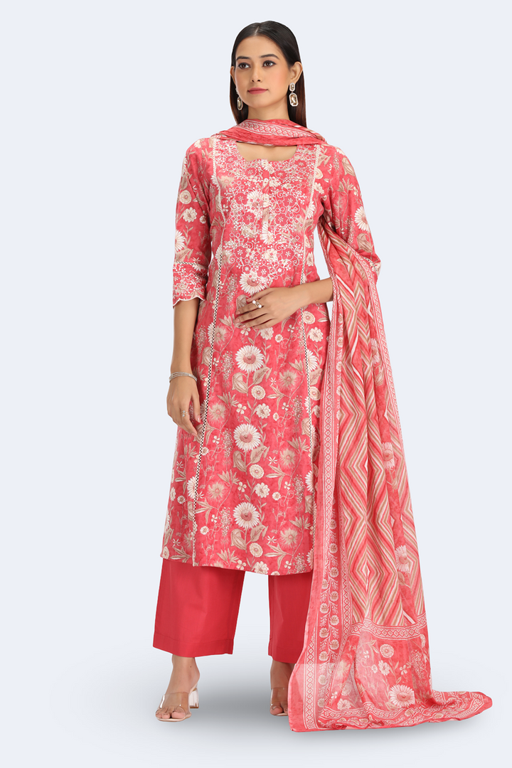 Coral Pink Jaipuri Cotton Embroidered Straight Kurta Pant and Dupatta Suit Set