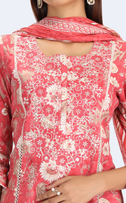 Coral Pink Jaipuri Cotton Embroidered Straight Kurta Pant and Dupatta Suit Set