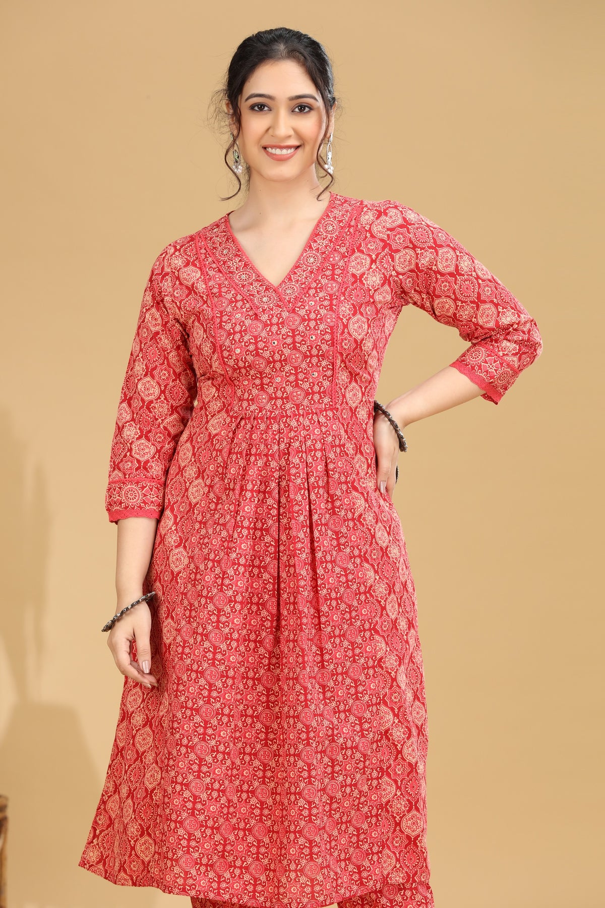 Coral Pink Printed Flared Cotton Co-ord Set