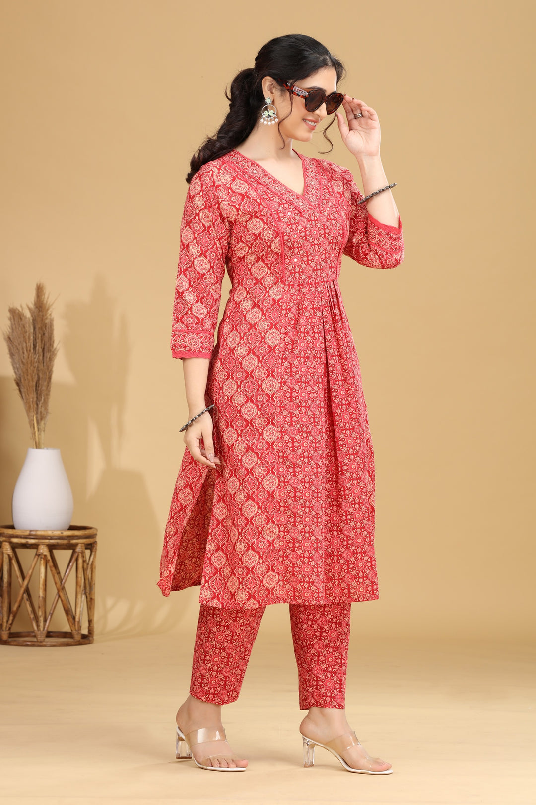 Coral Pink Printed Flared Cotton Co-ord Set