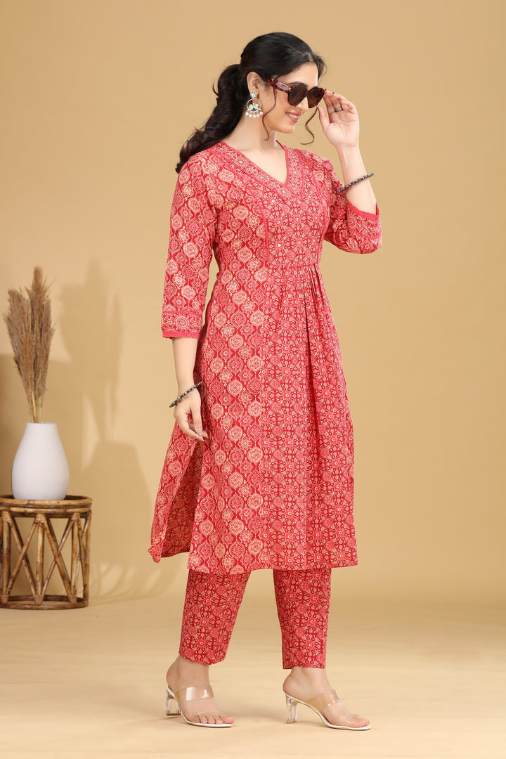 Coral Pink Printed Flared Cotton Co-ord Set