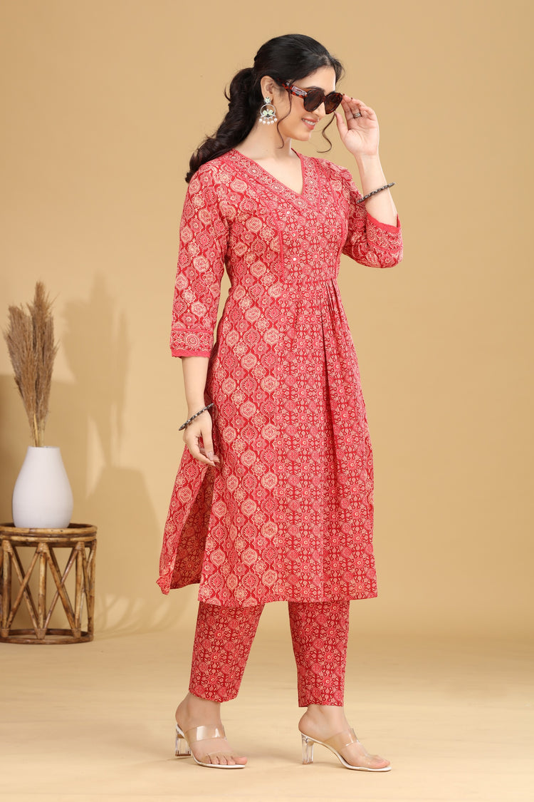 Coral Pink Printed Flared Cotton Co-ord Set