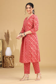 Coral Pink Printed Flared Cotton Co-ord Set