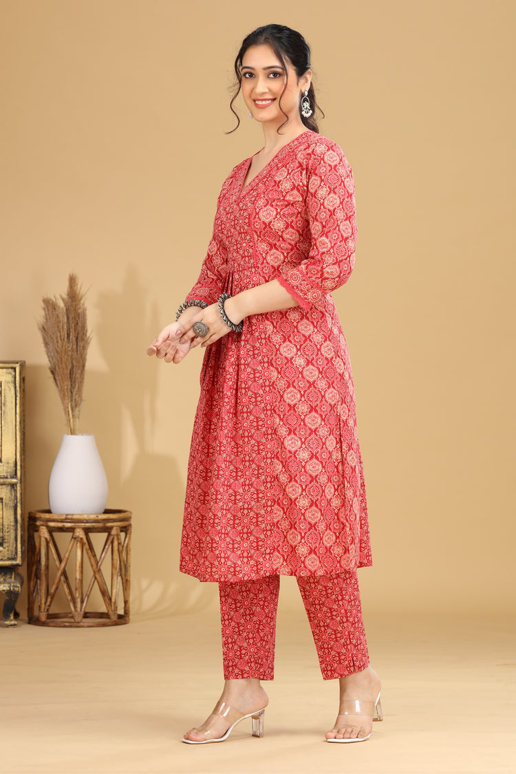 Coral Pink Printed Flared Cotton Co-ord Set