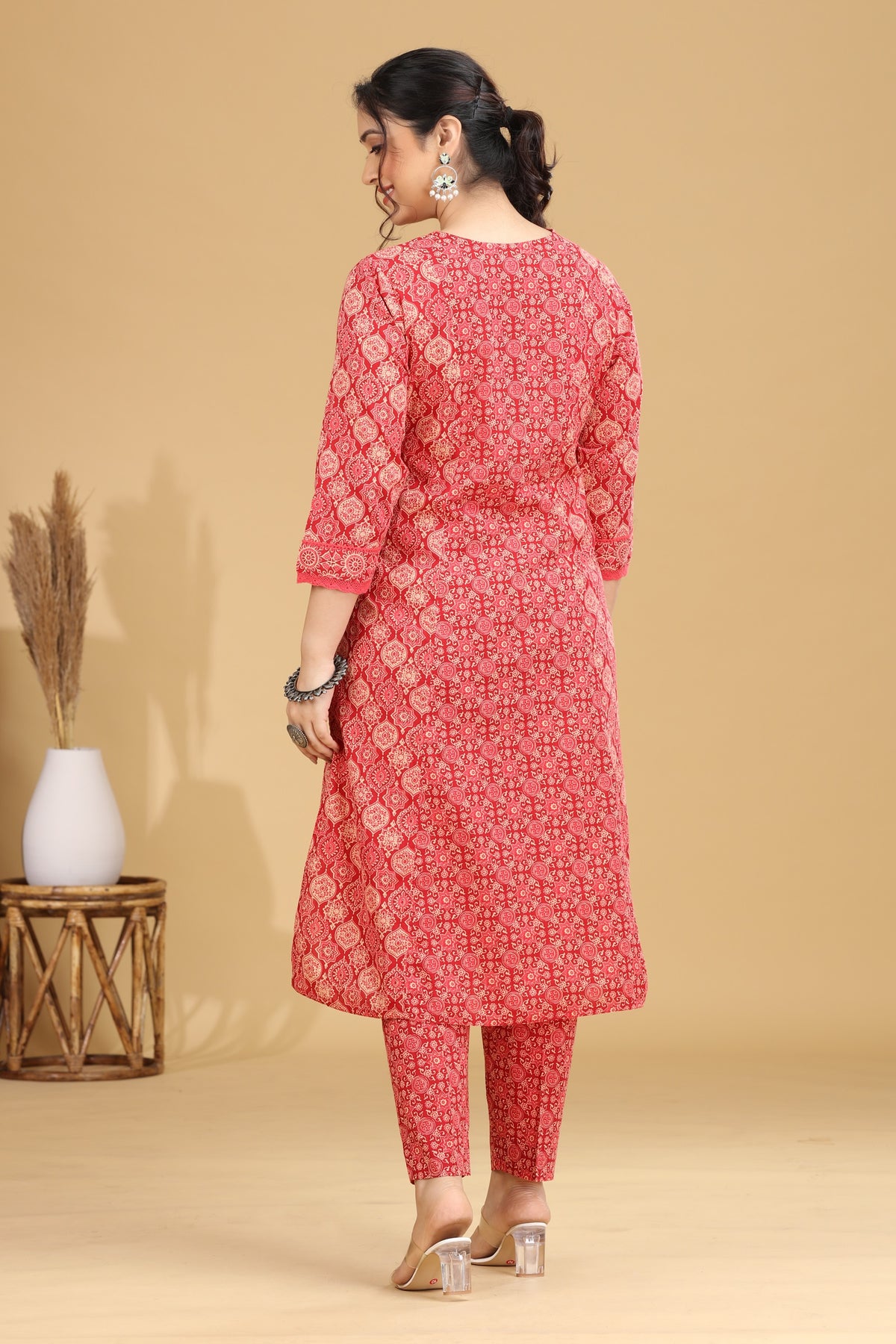 Coral Pink Printed Flared Cotton Co-ord Set