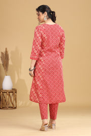 Coral Pink Printed Flared Cotton Co-ord Set