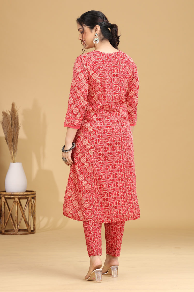 Coral Pink Printed Flared Cotton Co-ord Set