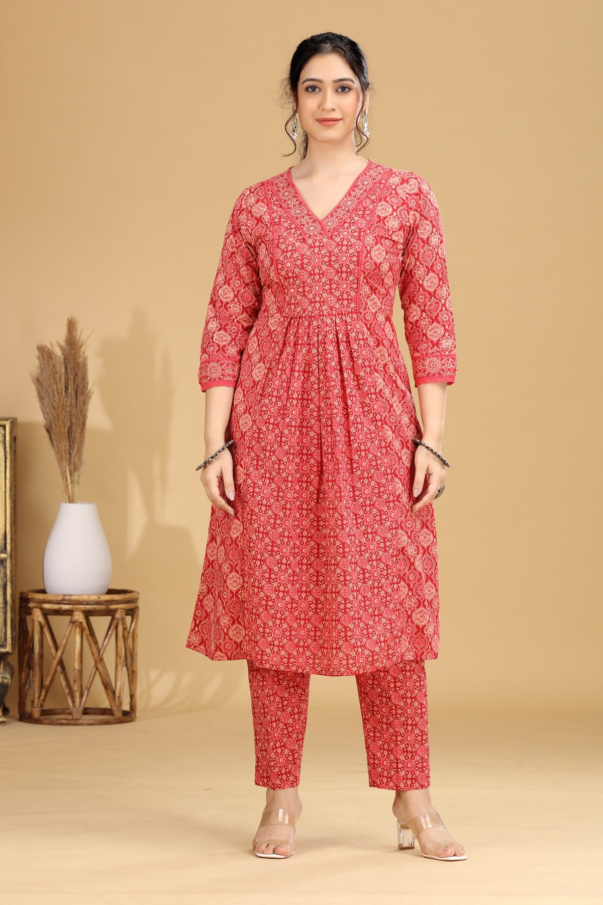 Coral Pink Printed Flared Cotton Co-ord Set