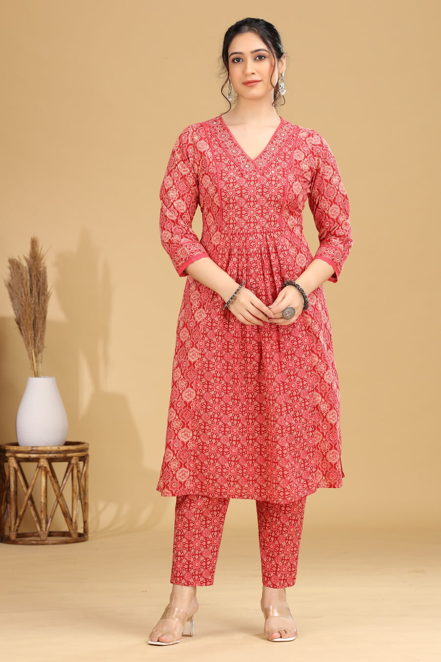 Coral Pink Printed Flared Cotton Co-ord Set