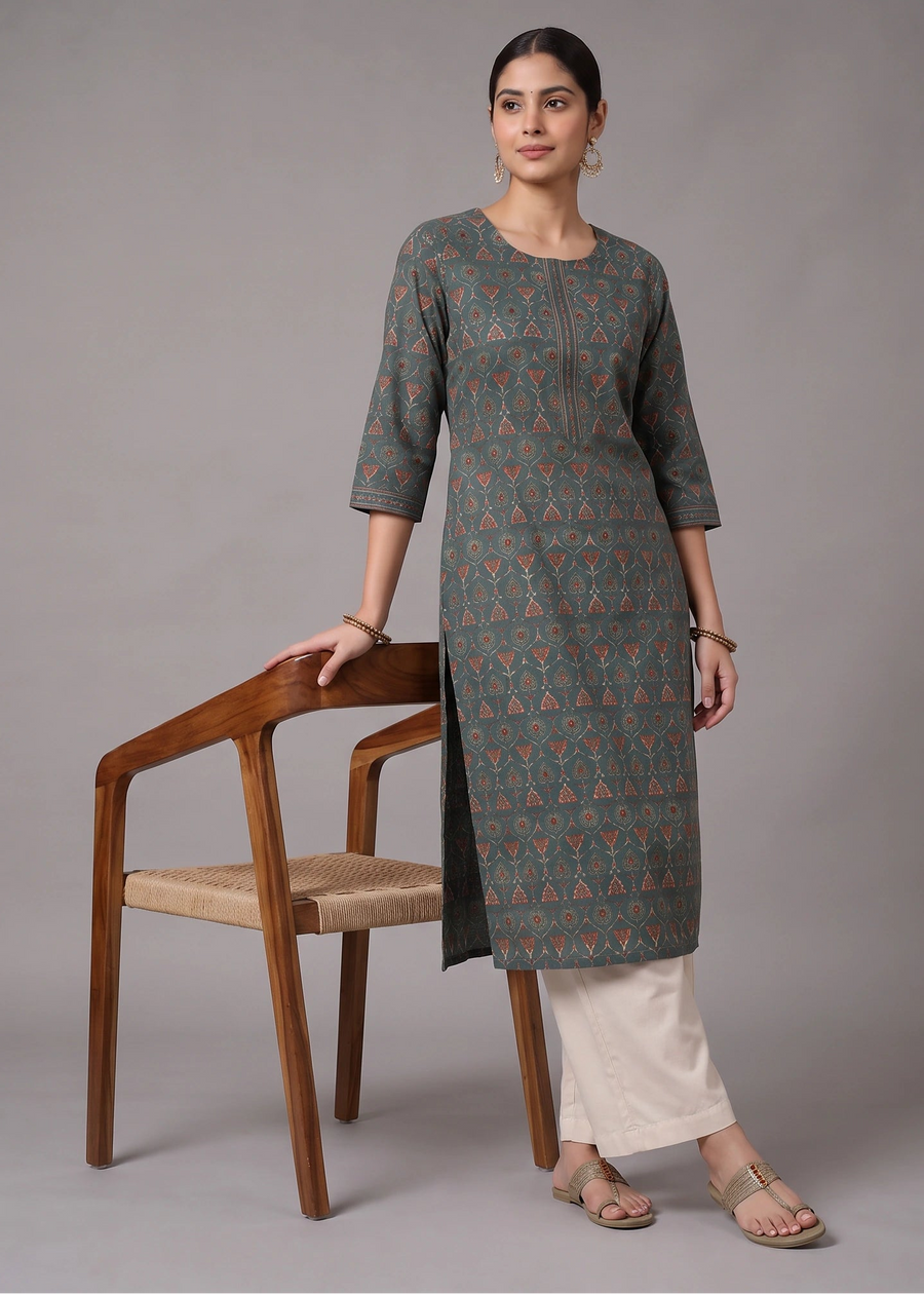 Bottle Green Jaipuri Block Print Straight Kurta