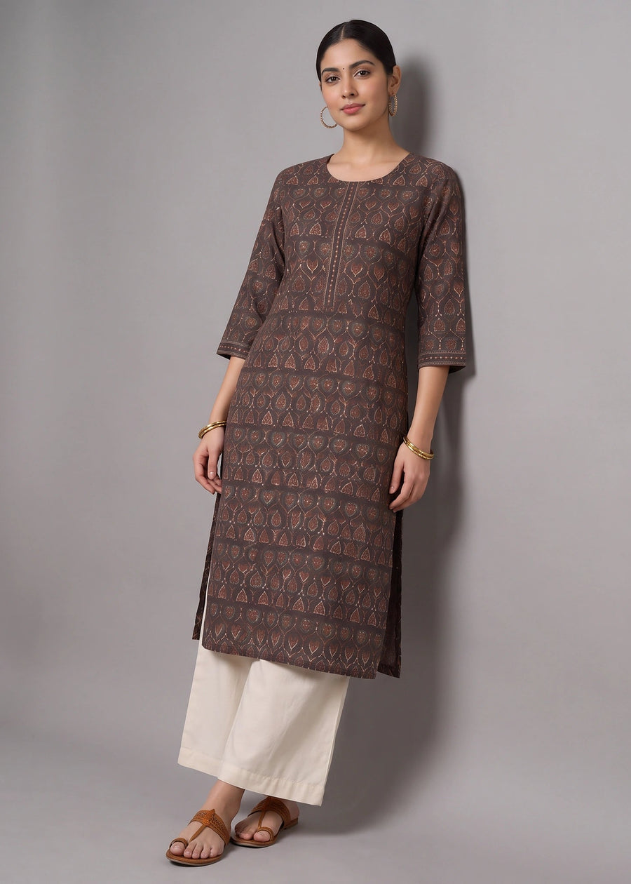 Brown Jaipuri Block Print Straight Kurta