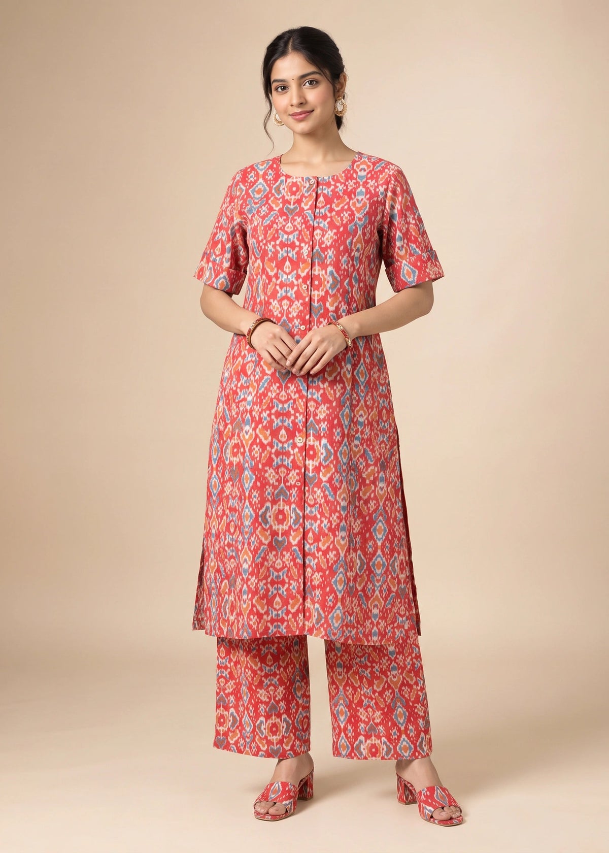 A woman modeling a red and blue patterned kurta set with matching pants and flat shoes, standing against a solid beige studio background.