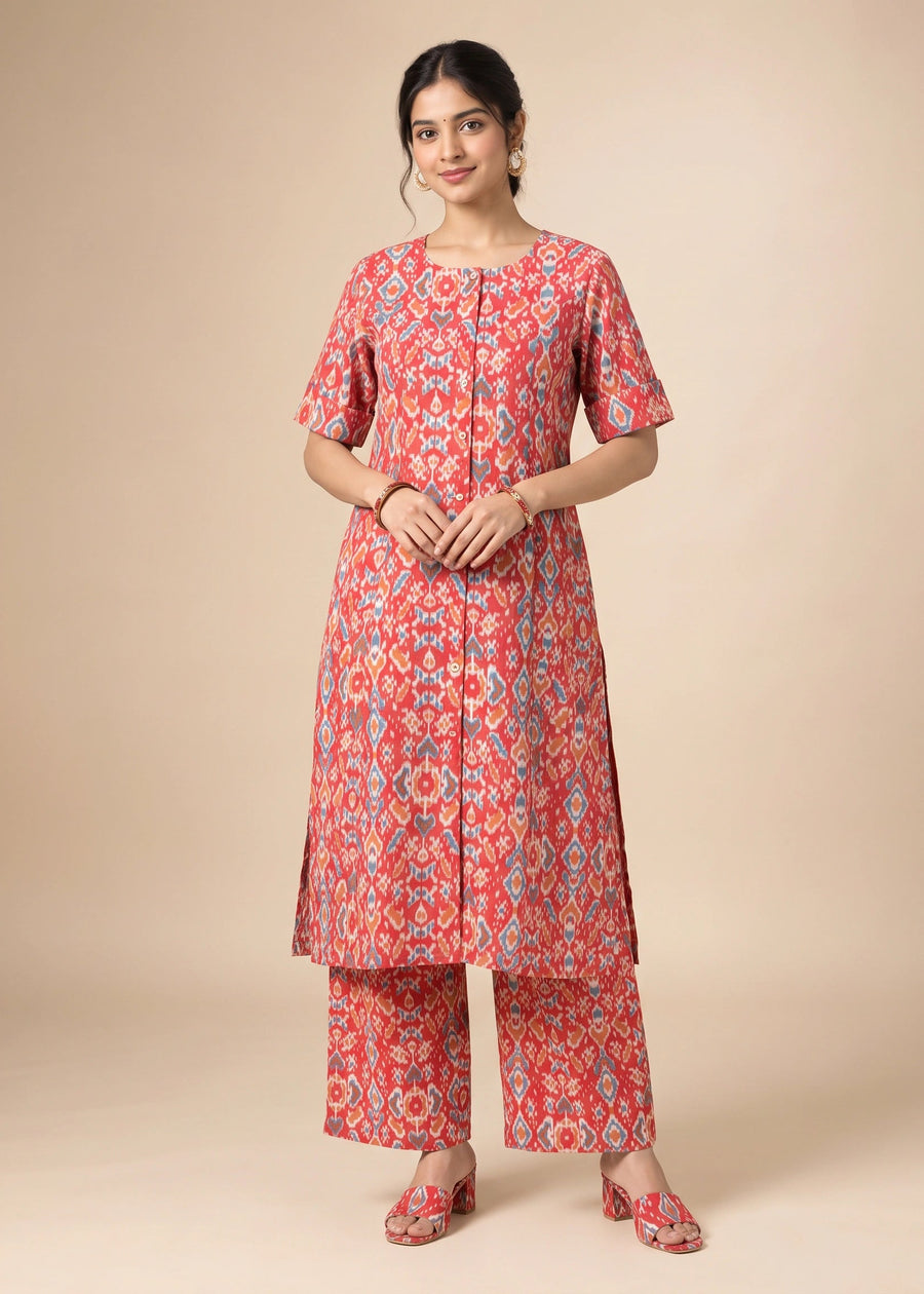 Coral Cotton Flex Printed Straight Co-ord Set