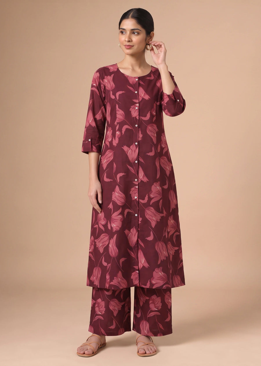 Dark Maroon Pure Cotton Floral Printed Co-Ord