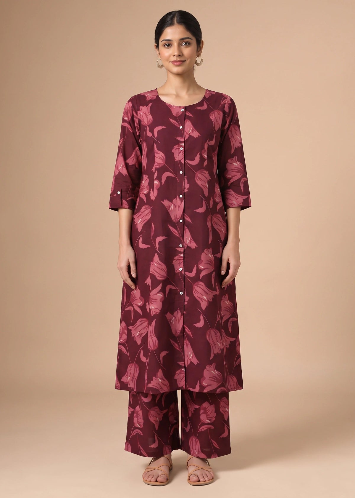 A woman modeling a three-piece kurta set in a deep burgundy color with a lighter pinkish-red floral pattern, standing against a solid beige studio background.