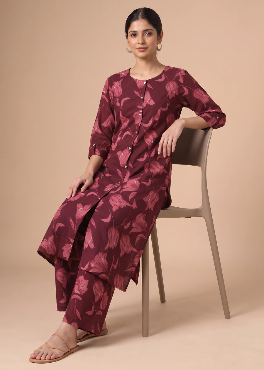 Dark Maroon Pure Cotton Floral Printed Co-Ord