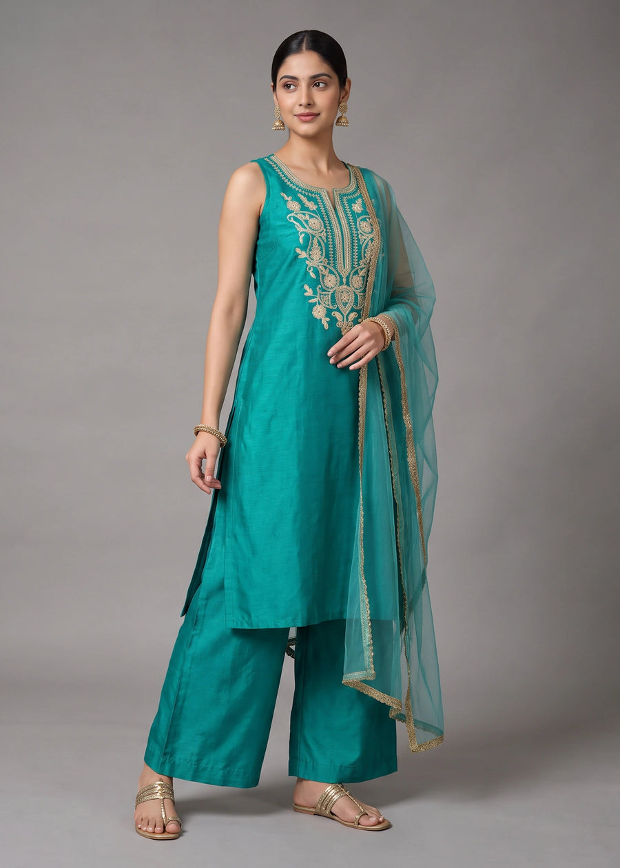 Emerald Green Embroidered Straight Sleeveless Ethnic Set