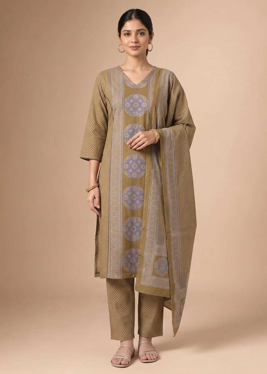 Mustard Cotton Printed Kurta Pant & Dupatta Ethnic Set