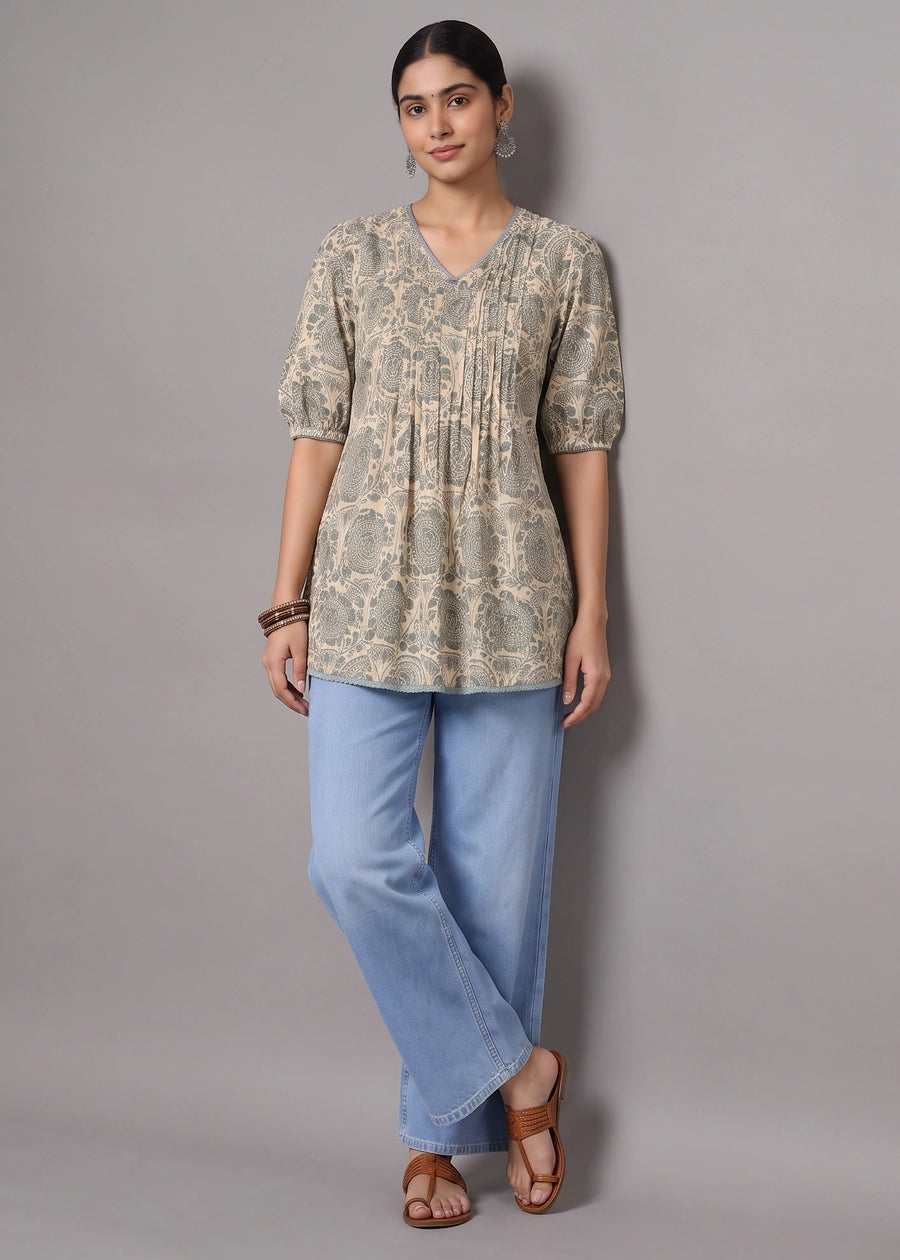 Off White & Green Floral Print Pure Cotton Short Kurti