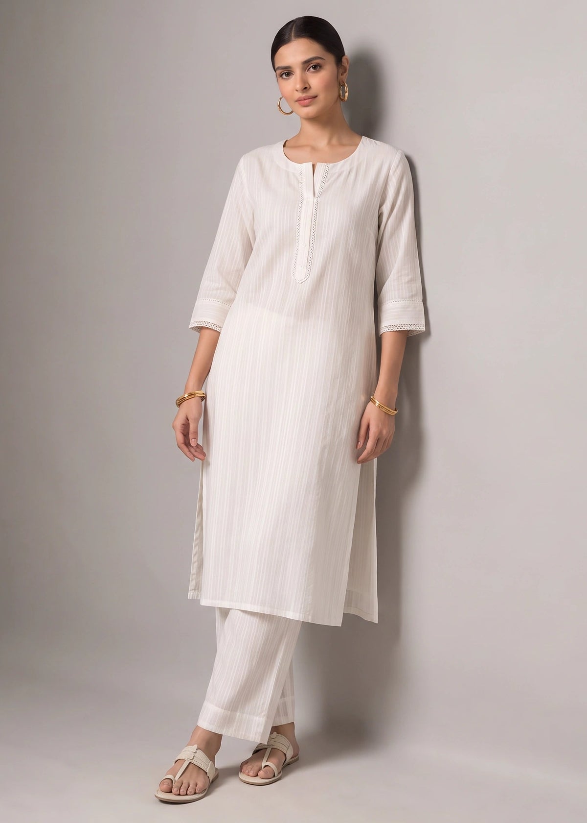 White Pure Cotton Straight Kurta with Textured Detailing