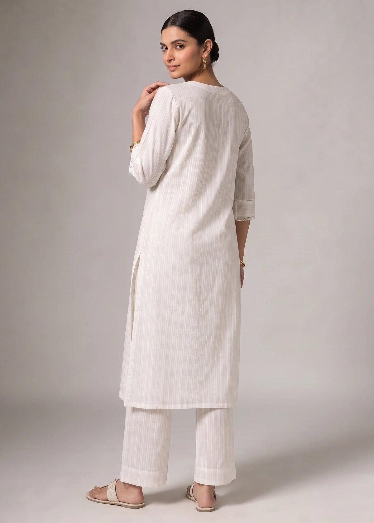 White Pure Cotton Straight Kurta with Textured Detailing