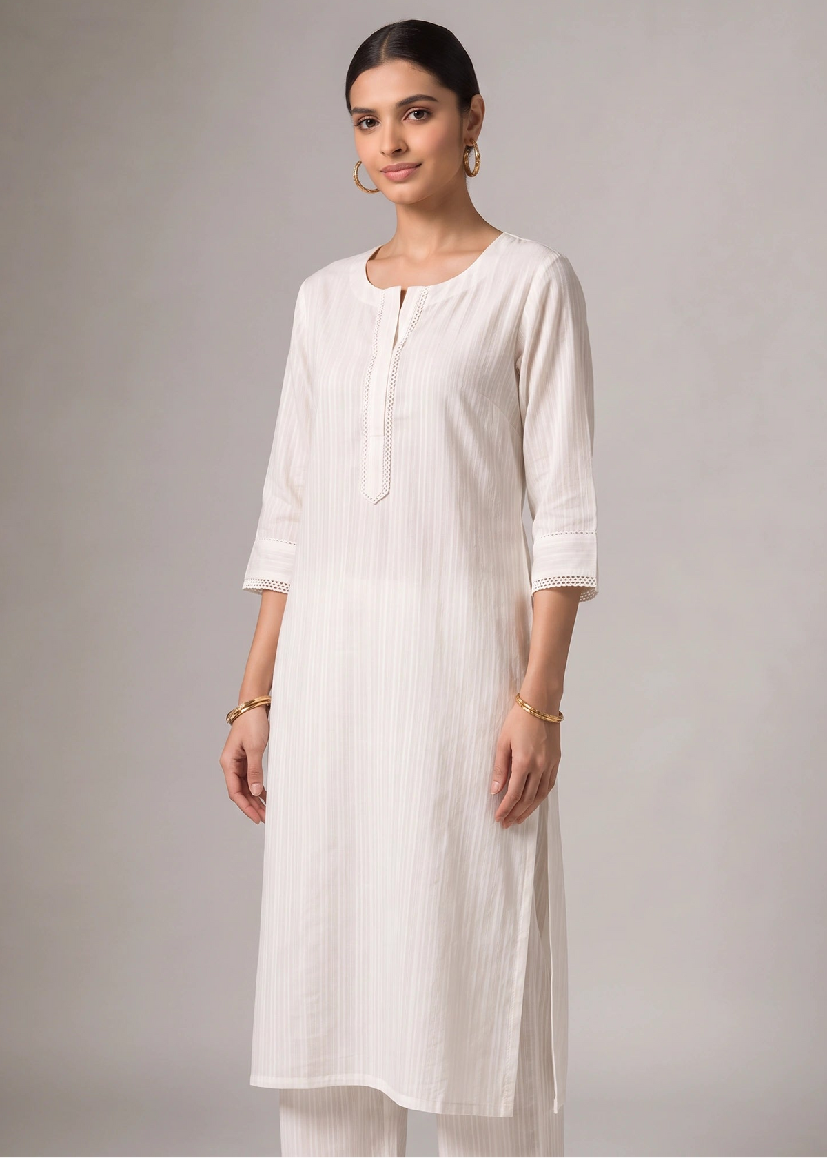 White Pure Cotton Straight Kurta with Textured Detailing