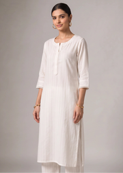 White Pure Cotton Straight Kurta with Textured Detailing