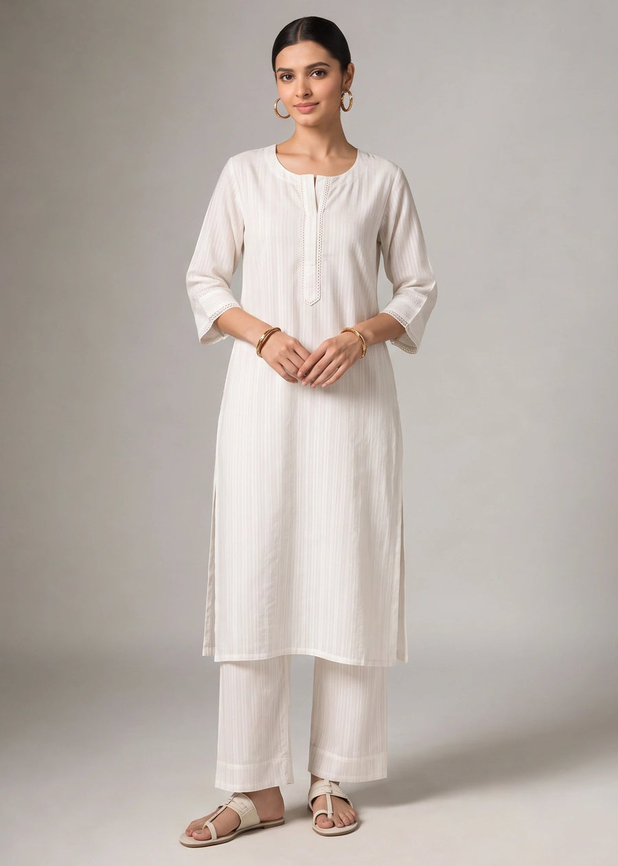 White Pure Cotton Straight Kurta with Textured Detailing