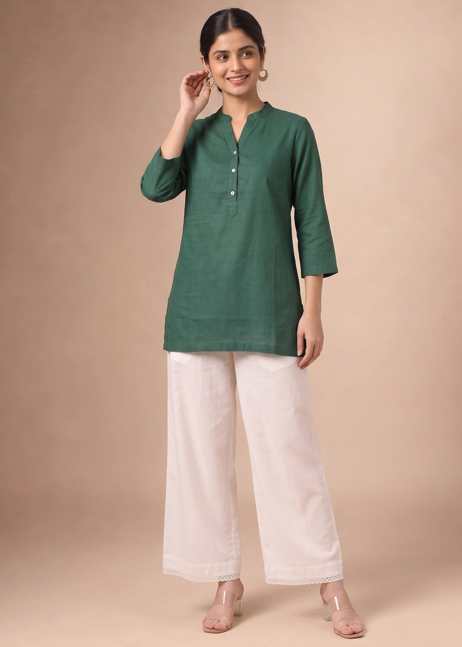 Bottle Green Solid Pure Cotton Tunic