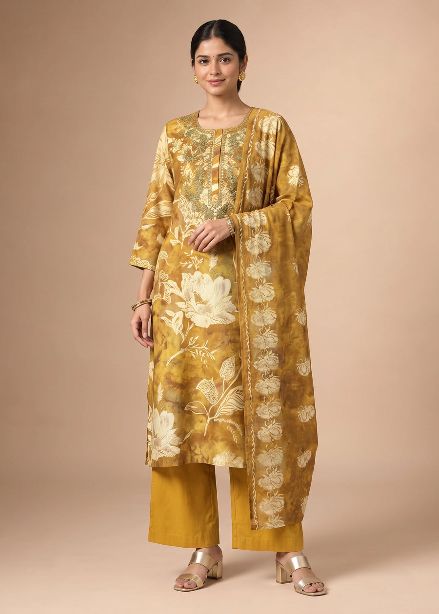 Mustard Vertical Embroidered Straight Ethnic Suit Set