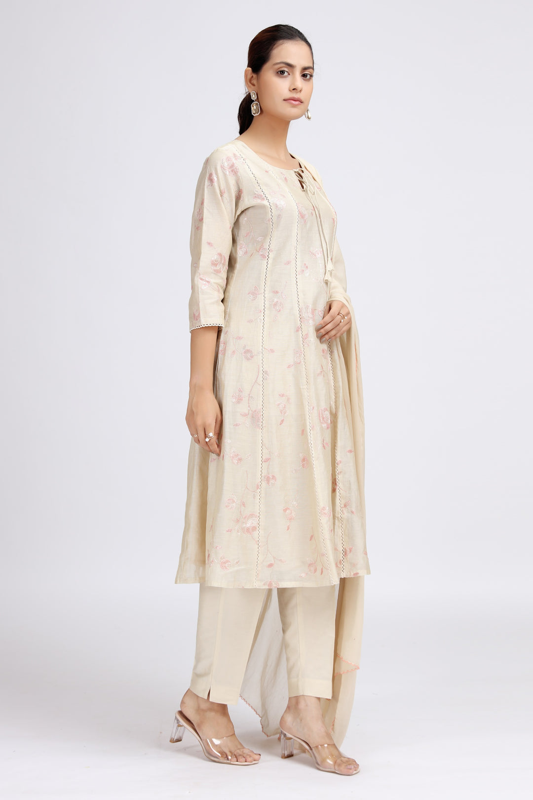 Cream Chanderi Embroidered A Line Kurta Pant and Dupatta Suit Set for women