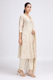 Cream Chanderi Embroidered A Line Kurta Pant and Dupatta Suit Set for women