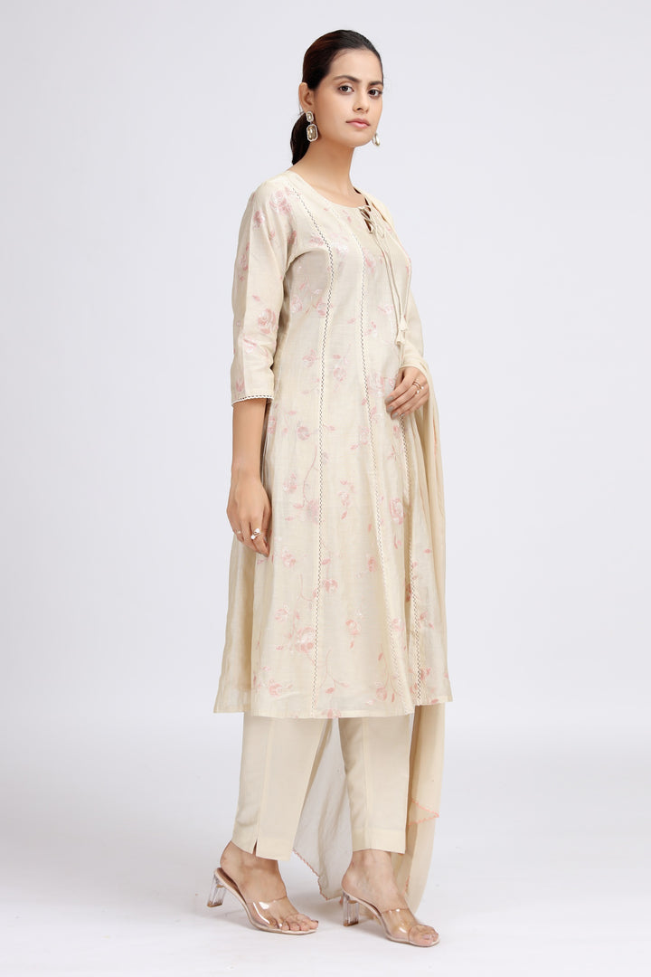 Cream Chanderi Embroidered A Line Kurta Pant and Dupatta Suit Set for women