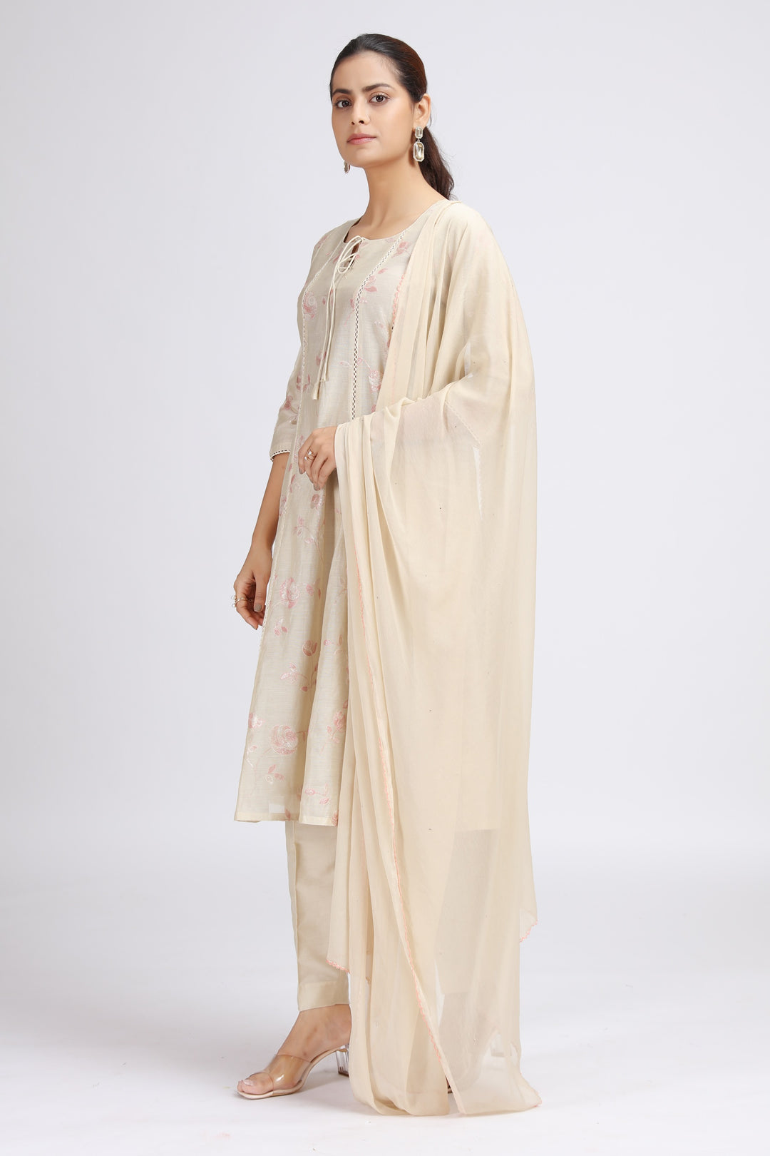 Cream Chanderi Embroidered A Line Kurta Pant and Dupatta Suit Set for women