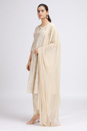 Cream Chanderi Embroidered A Line Kurta Pant and Dupatta Suit Set for women