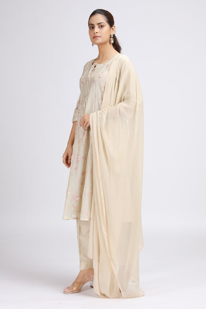 Cream Chanderi Embroidered A Line Kurta Pant and Dupatta Suit Set for women