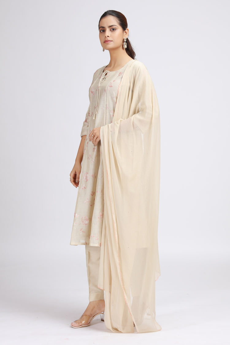 Cream Chanderi Embroidered A Line Kurta Pant and Dupatta Suit Set for women