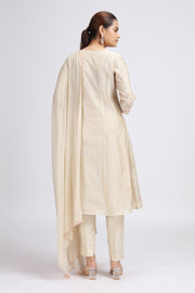 Cream Chanderi Embroidered A Line Kurta Pant and Dupatta Suit Set for women