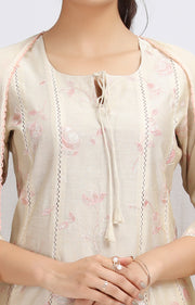 Cream Chanderi Embroidered A Line Kurta Pant and Dupatta Suit Set for women