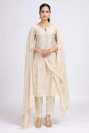 Cream Chanderi Embroidered A Line Kurta Pant and Dupatta Suit Set for women
