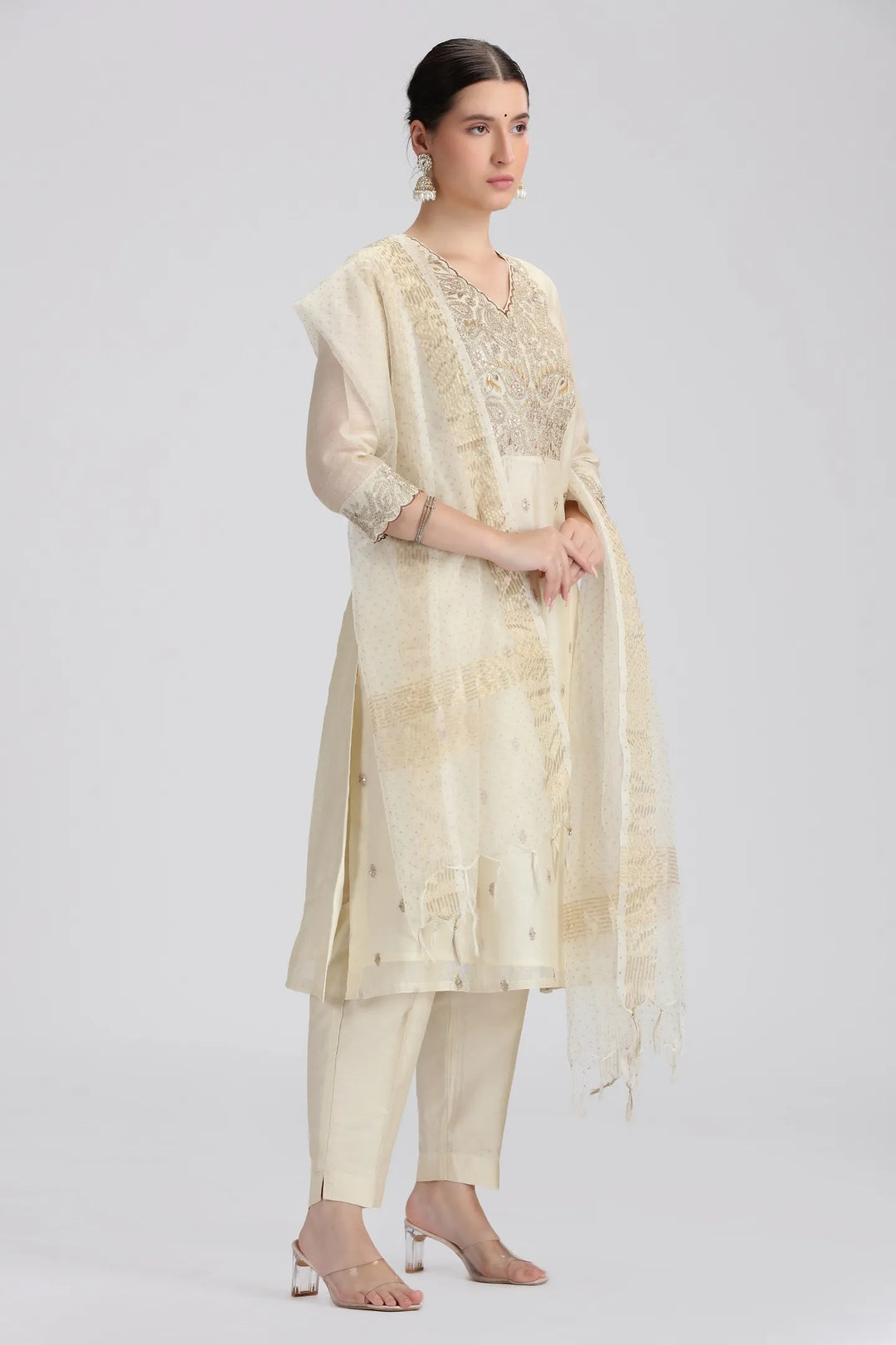 Cream Chanderi Embroidered Straight Kurta Pant and Dupatta Suit Set