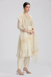 Cream Chanderi Embroidered Straight Kurta Pant and Dupatta Suit Set