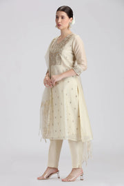 Cream Chanderi Embroidered Straight Kurta Pant and Dupatta Suit Set