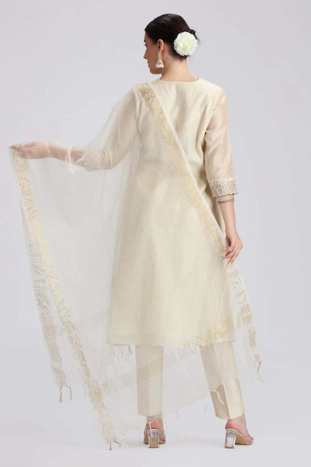 Cream Chanderi Embroidered Straight Kurta Pant and Dupatta Suit Set