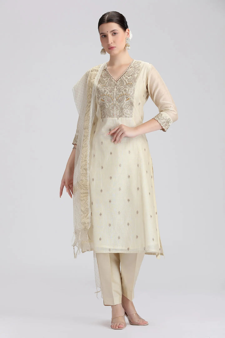 Cream Chanderi Embroidered Straight Kurta Pant and Dupatta Suit Set