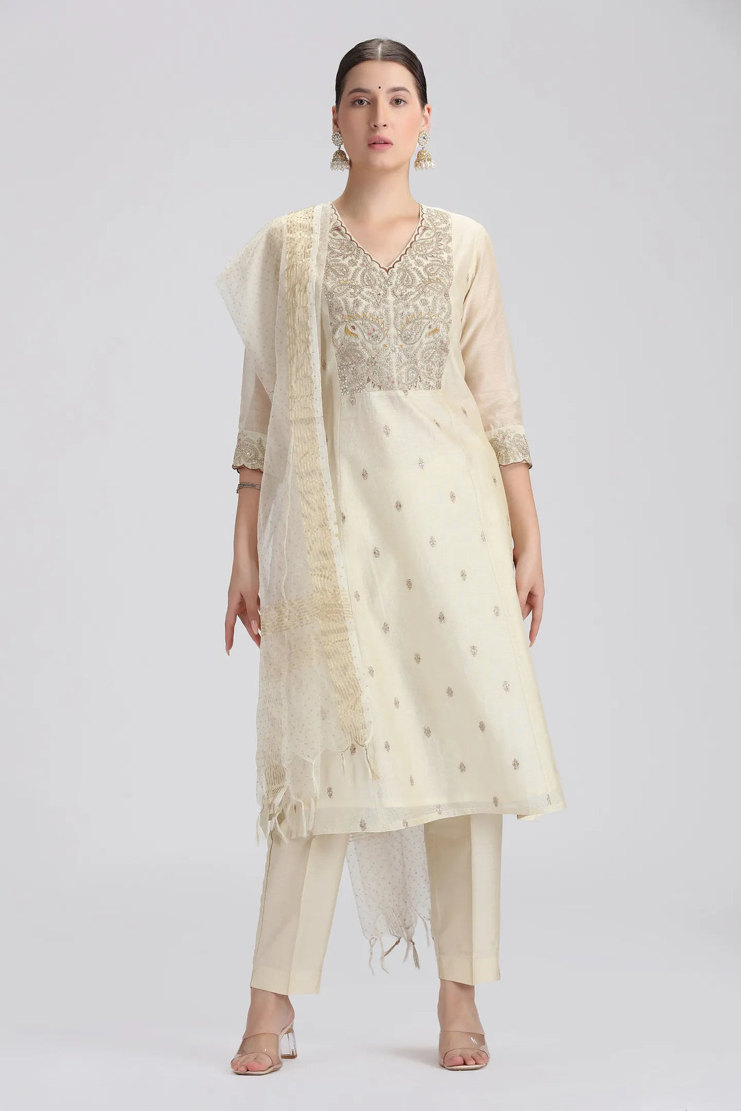 Cream Chanderi Embroidered Straight Kurta Pant and Dupatta Suit Set