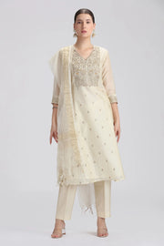 Cream Chanderi Embroidered Straight Kurta Pant and Dupatta Suit Set
