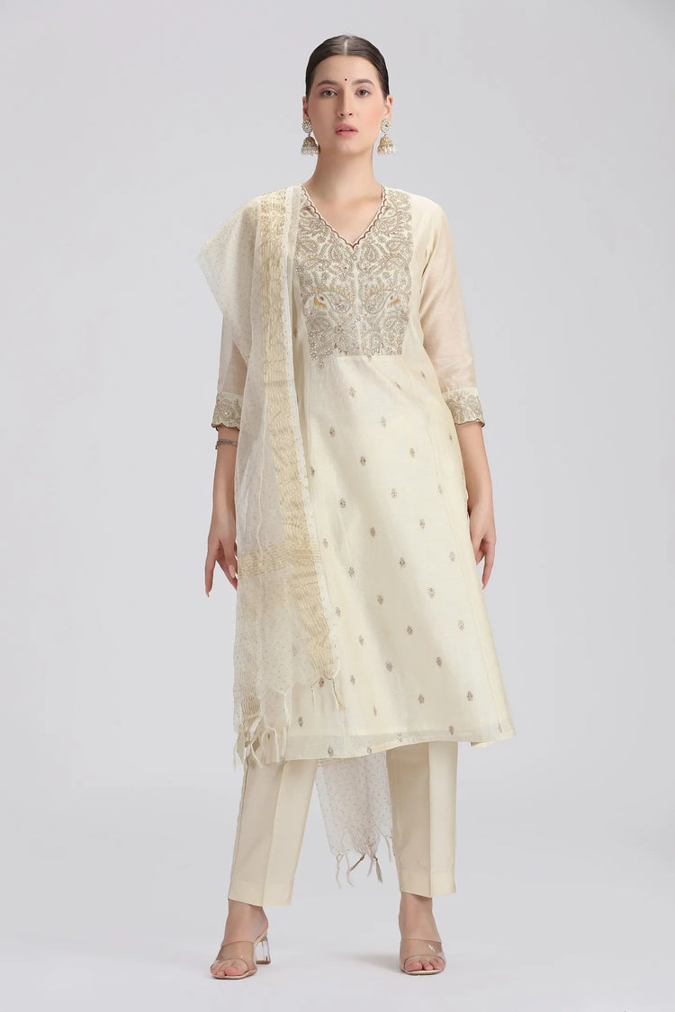 Cream Chanderi Embroidered Straight Kurta Pant and Dupatta Suit Set