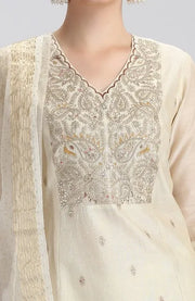 Cream Chanderi Embroidered Straight Kurta Pant and Dupatta Suit Set